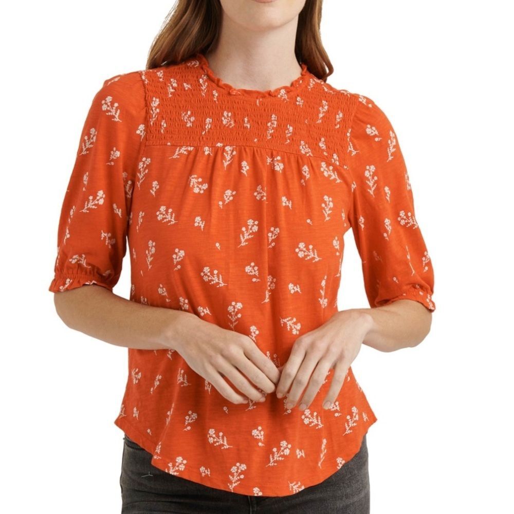 NWOT Lucky Brand cotton knit top. Orange with white floral print. Sz small